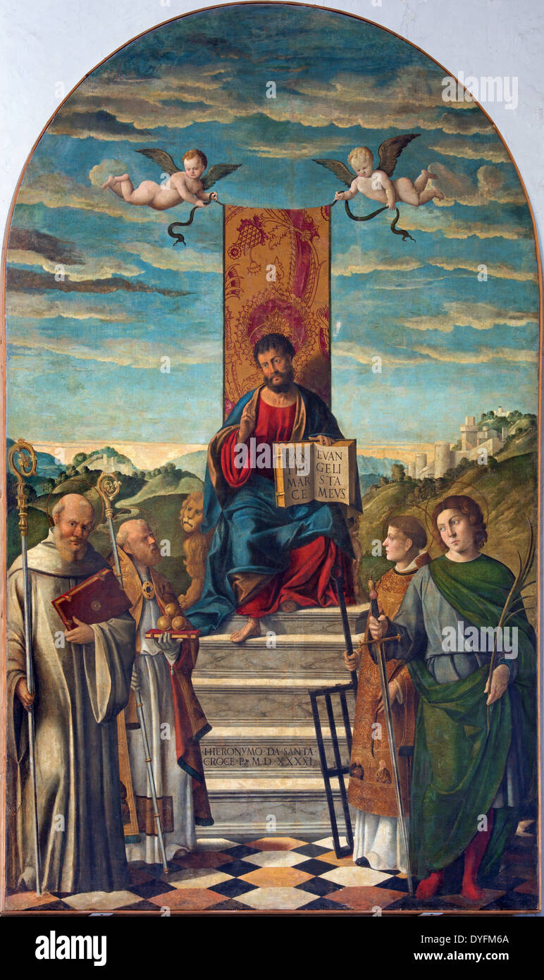 Venedig - San Marco e Santi (St. Marc und Heiligen) von Girolamo da Santacroce (1490-1556) in der Kirche von San Martino aus Burano Stockfoto