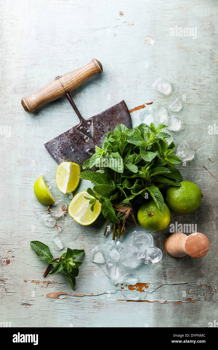 Zutaten für die Herstellung von Eiswürfeln, Mojitos Blätter Minze und Limette auf blauem Hintergrund Stockfoto