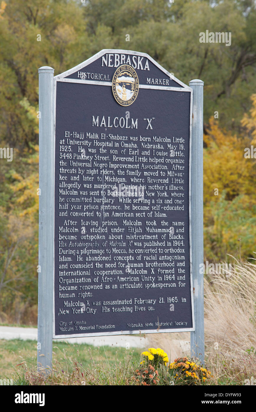 USA, Nebraska, Omaha, Geburtsort des schwarzen amerikanischen Führer Malcolm X, plaque Stockfoto
