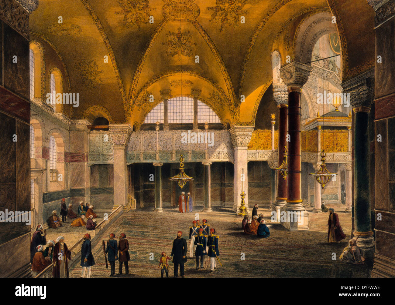 Galerie und kaiserlichen Tribüne der Ayasofya Moschee, ehemals die Kirche Hagia Sophia; mit Gruppen von Männern in der traditionellen und militärische Kleidung, ca. 1852 Stockfoto