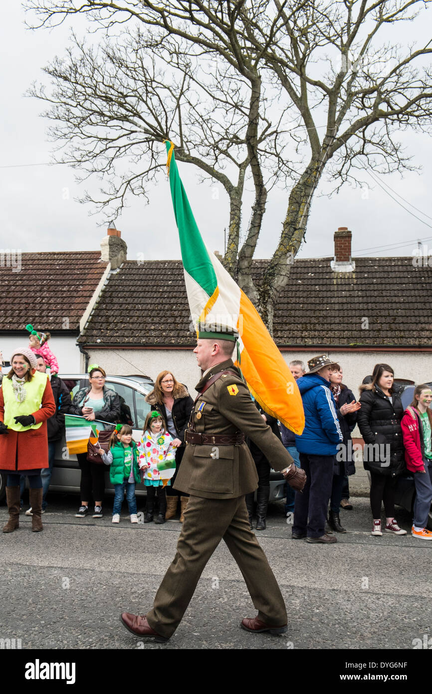 Eine irische Armee Soldat trägt die irische Flagge an der St. Patricks Day Parade in das Dorf der Schären, County Dublin Irland Stockfoto