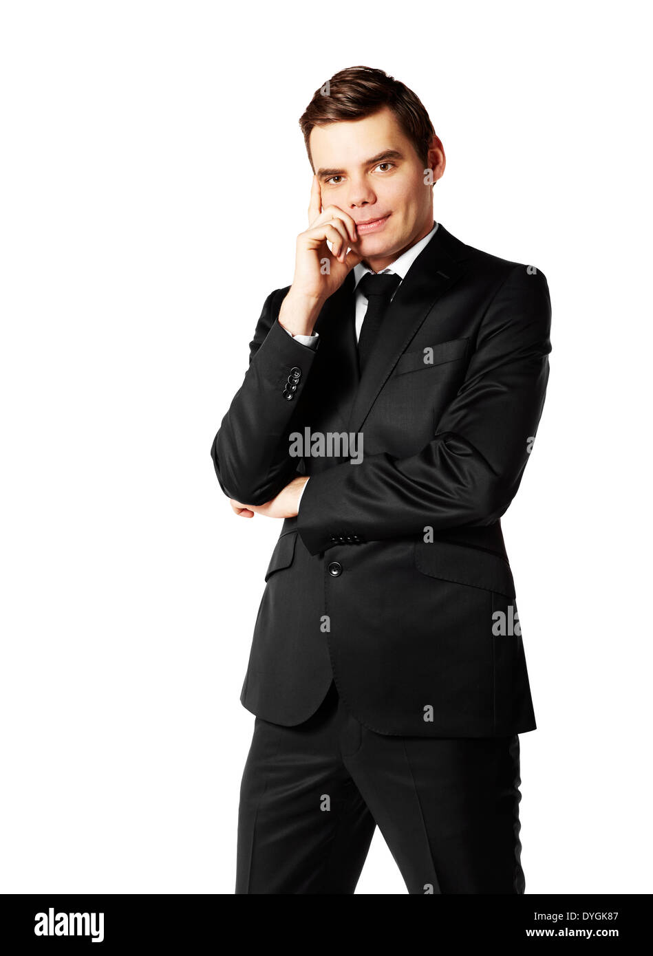 Porträt des Denkens Geschäftsmann im schwarzen Anzug Stockfoto