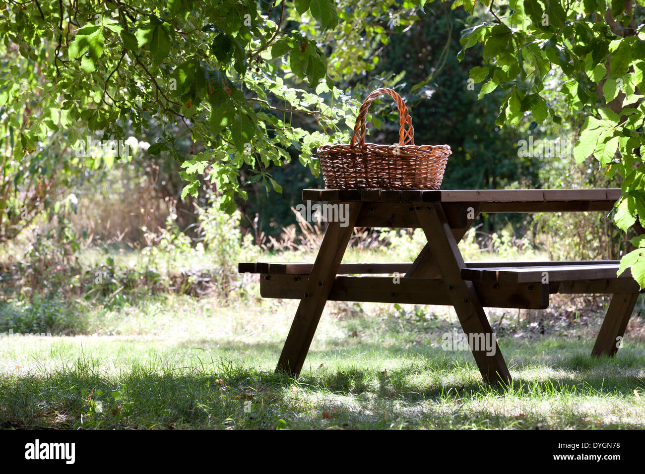 Ein Weidenkorb auf einem Holztisch Garten Stockfoto