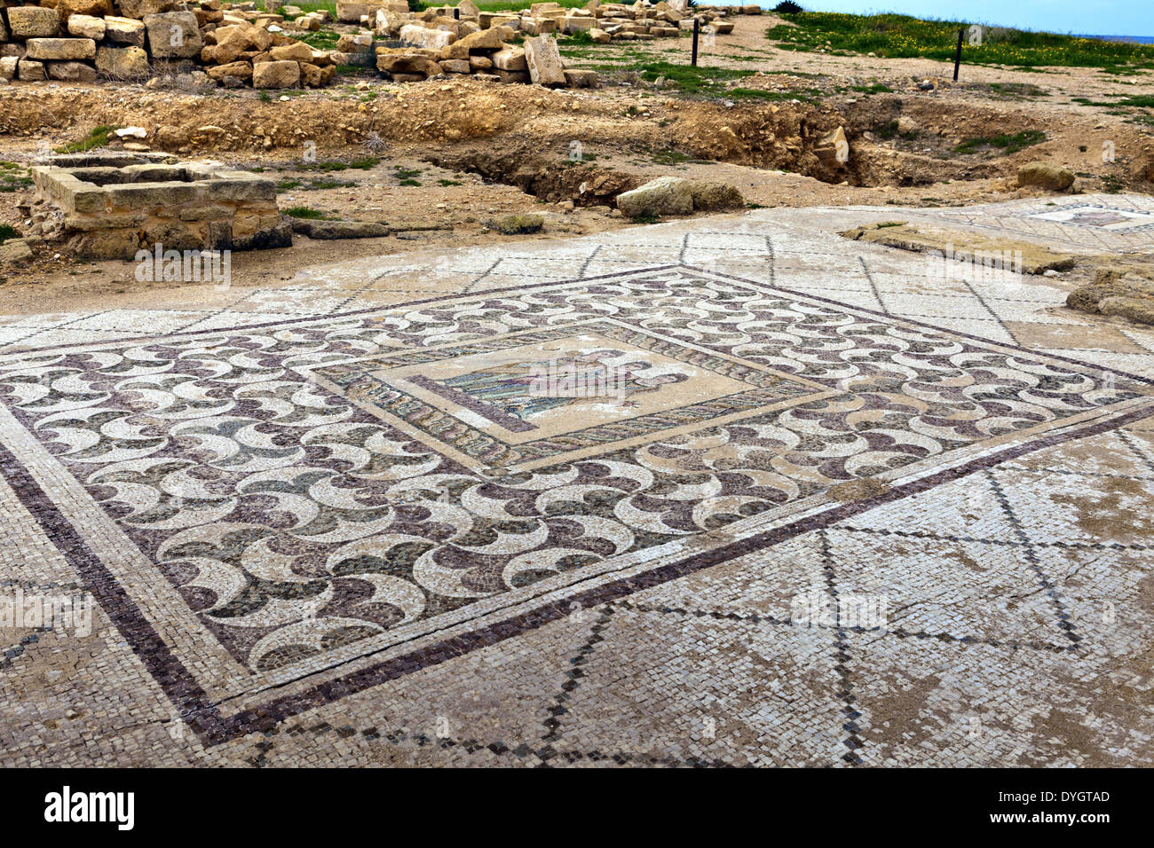 Antiken Mosaiken an der archäologischen hellenistischen und römischen Site bei Kato Paphos in Zypern. Stockfoto