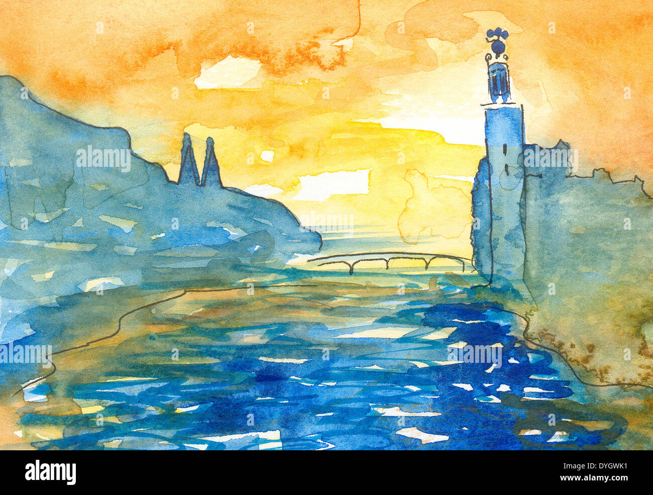 Aquarellmalerei im naivistic Stil der Stockholm Wasser-Brücke und das Rathaus in Nationalfarben, blau und gelb. Stockfoto