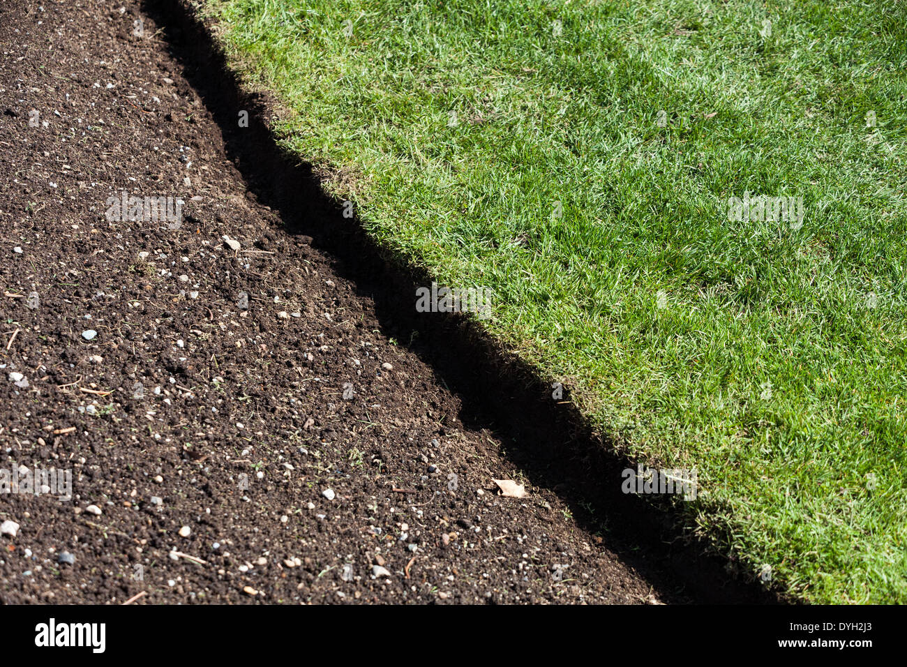 grüner Rasen und Boden, Frühling Gartenarbeit Stockfoto