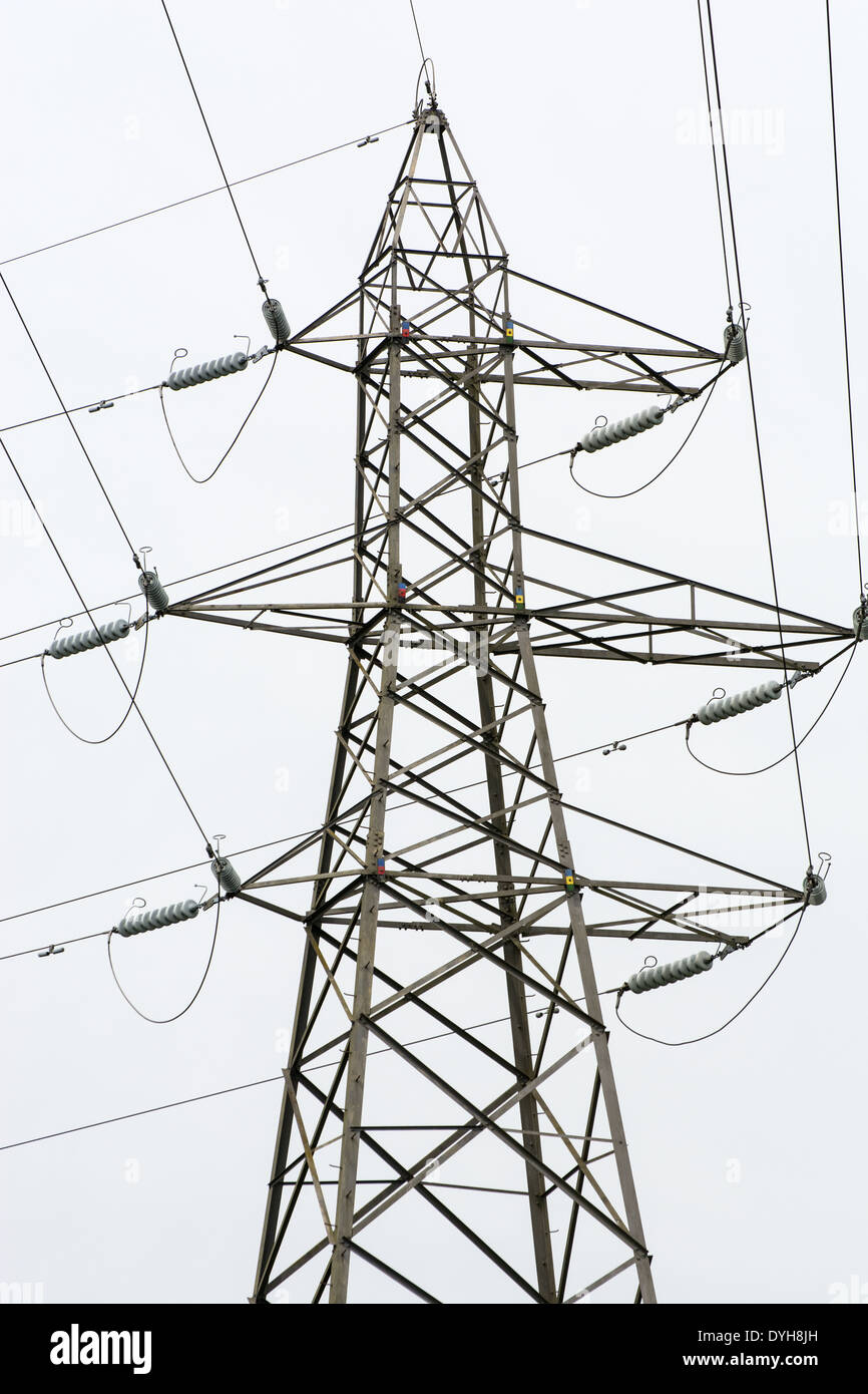 Strommast gegen einen grauen strukturlose Himmel Stockfoto