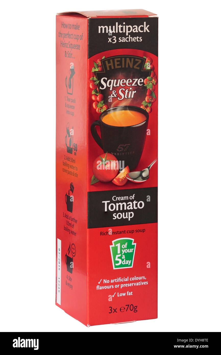Heinz Squeeze & rühren Sahne von Tomatensuppe isoliert auf weißem Hintergrund Stockfoto