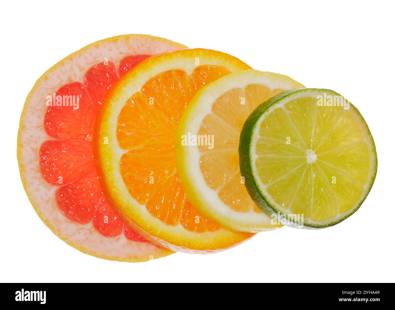 Scheiben von Zitrusfrüchten - rosa Grapefruit, Orange, Zitrone, Limette Stockfoto