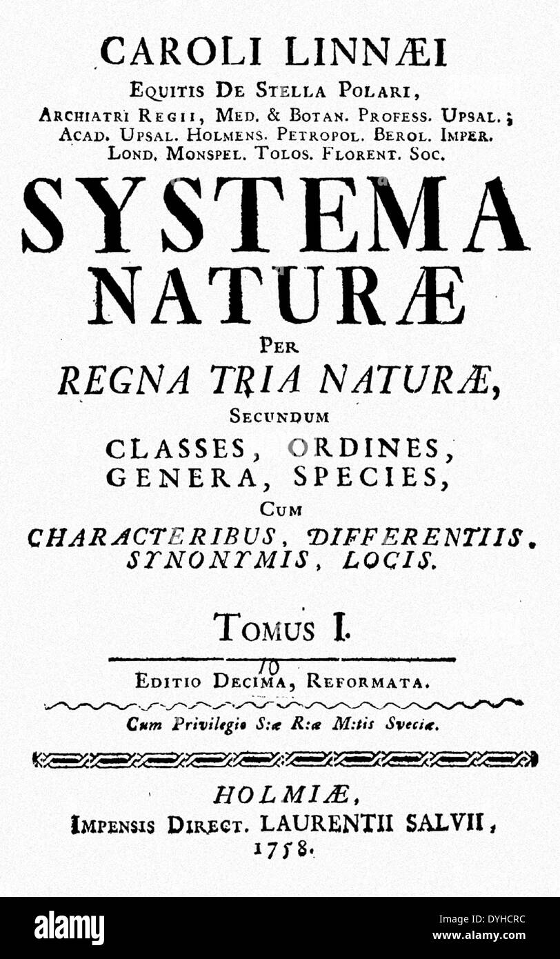 Schwedischen Botaniker CARL LINNAEUS (1707-1778). Titelseite der zehnten Ausgabe von seinem Systema Naturae (1758) Stockfoto