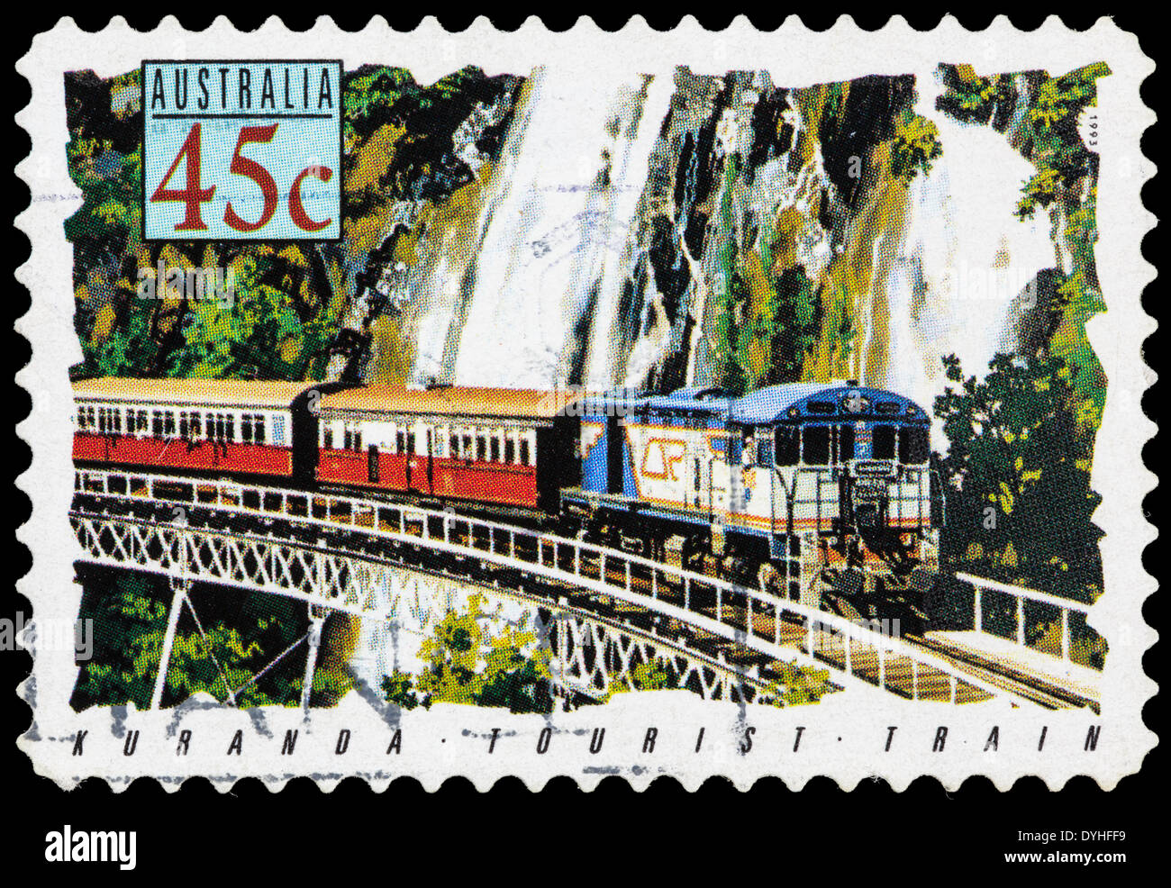 1993-Australien-Stempel mit einem Bild der Kuranda touristischen Zug. Stockfoto