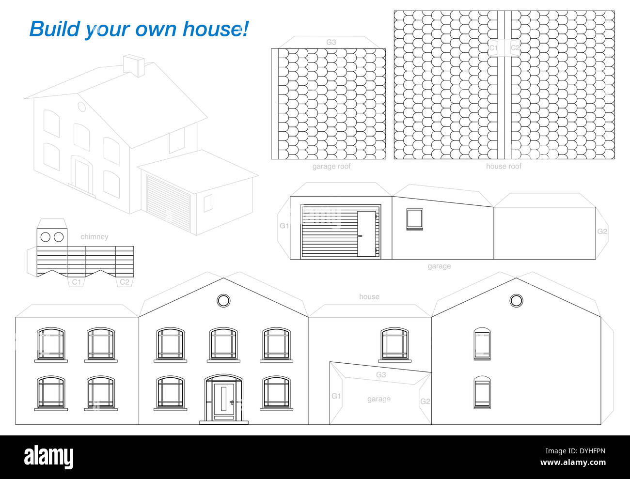 Das Papiermodell eines Hauses mit Garage - einfach zu machen - auf schwerem Papier ausdrucken. Stockfoto