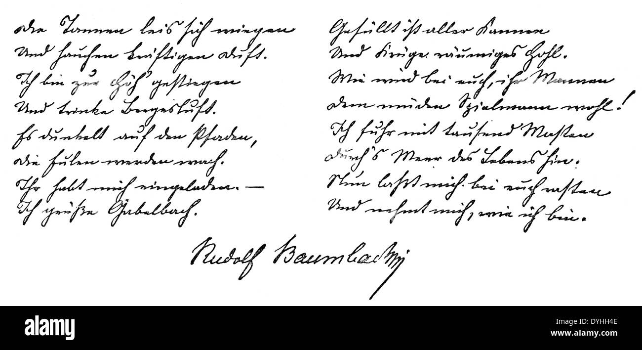 handschriftlichen Manuskript von Rudolf Baumbach oder Paul Bach, 1840-1905, ein deutscher Dichter, Stockfoto