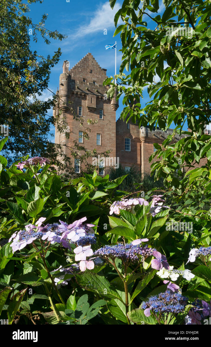Lacecap-Hortensien und Brodick Castle arran Stockfoto