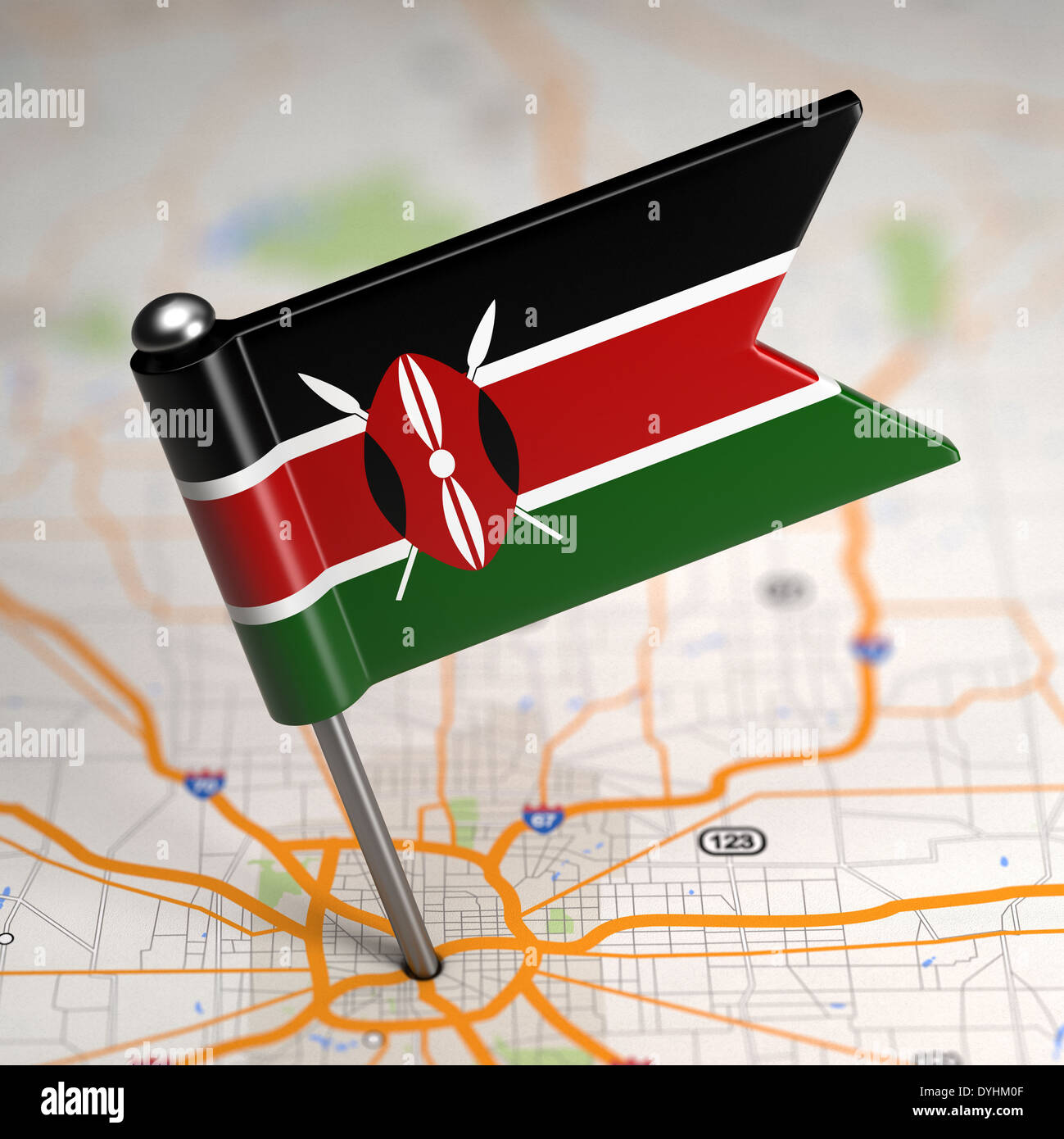 Kenia kleine Flagge auf einem Kartenhintergrund. Stockfoto