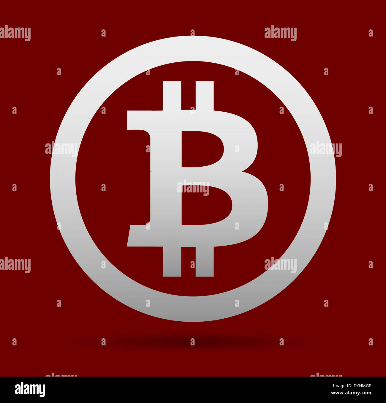 Bitcoin-Logo in silberner Farbe auf dunkelroten Hintergrund mit Schatten Stockfoto