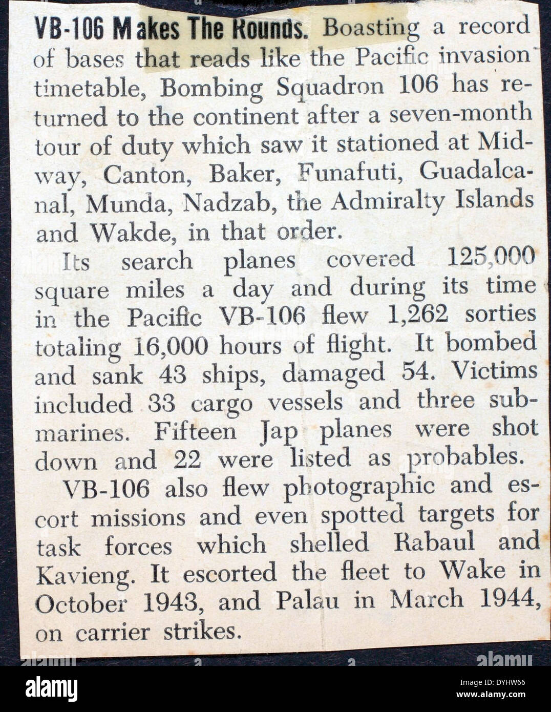 Der Consolidated PB4Y-2 Privateer, der während des Zweiten Weltkriegs von VP-106 betrieben wurde, war ein zweimotoriger Langstreckenbomber, der für U-Boot-Kriegsführung und Aufklärungsmissionen eingesetzt wurde. Dieses Flugzeug spielte eine wichtige Rolle im Pacific Theater, da es wichtige Unterstützung für die US-Marine-Operationen und zur Niederlage der Achsenmächte beitrug. Stockfoto