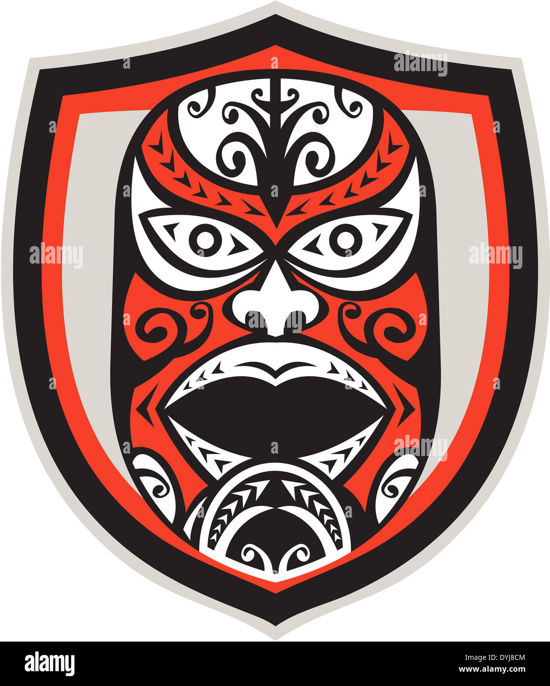 Abbildung einer traditionellen Maori Maske mit Blick auf die vordere Reihe innen Schild im retro-Stil auf isolierte Hintergrund getan. Stockfoto