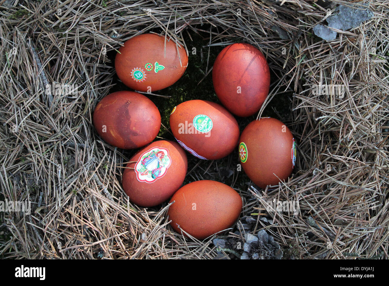 rot lackiert im traditionellen Stil Ostereier legen ins nest Stockfoto