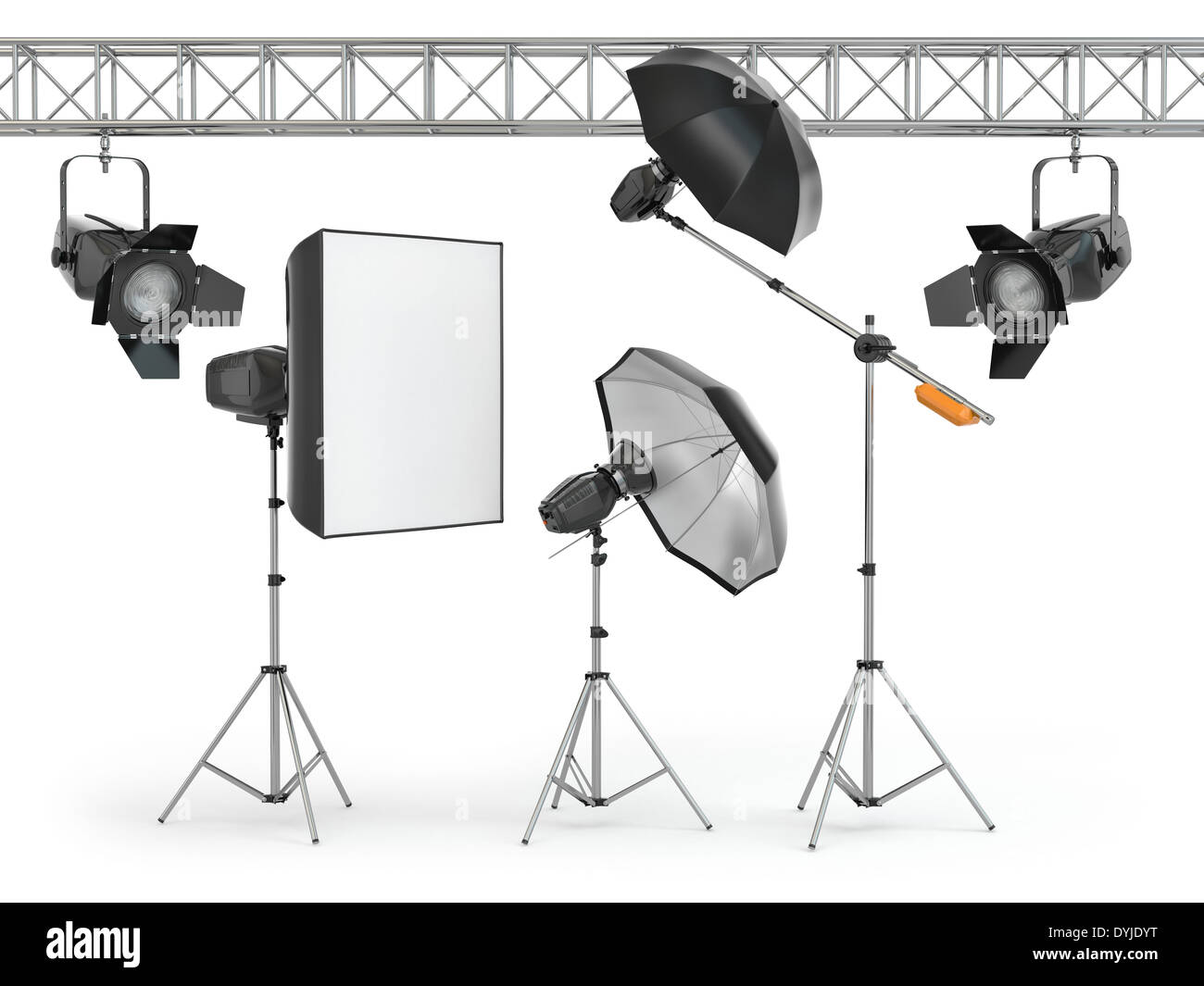 Foto-Studio-Equipment auf weißem Hintergrund isoliert. 3D Stockfoto