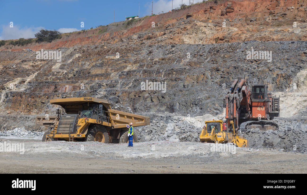 Ein Klasse Controller zeigt ein zuletzt geladenen Haul Truck an der richtigen Stelle zu Dump Material in einer großen, offenen Cast Kupfer-mine Stockfoto