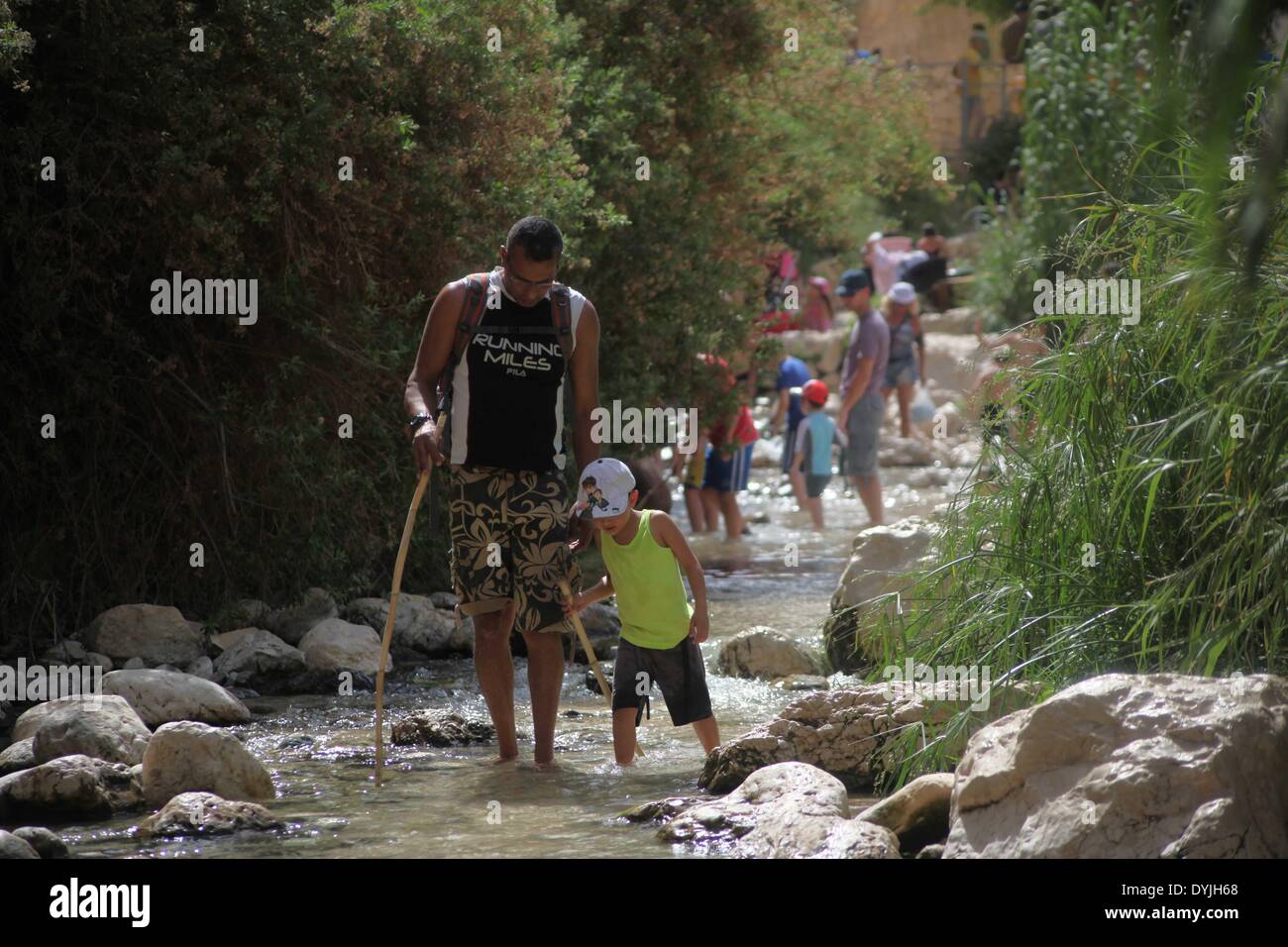 Jericho, Wadi Kelt. 19. April 2014. Touristen waten im Frühjahr Ein Fara, die obere Feder des Wadi Kelt, im Nahal Prat Naturschutzgebiet in der Nähe von der Westbank-Stadt Jericho am 19. April 2014. Wadi Kelt ist ein Tal laufen West nach Ost durch die Judäische Wüste im Westjordanland, mit Ursprung in der Nähe von Jerusalem und in der Nähe von Jericho zu beenden. © Mamoun Wazwaz/Xinhua/Alamy Live-Nachrichten Stockfoto