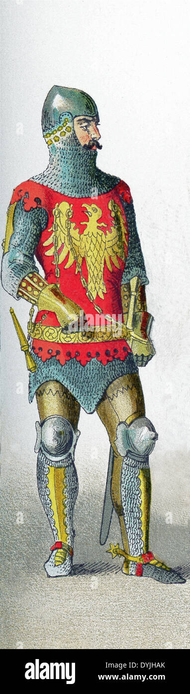 Die Figur stellt einen deutschen Ritter 1350 und 1400 n. Chr.. Die Abbildung stammt bis 1882. Stockfoto