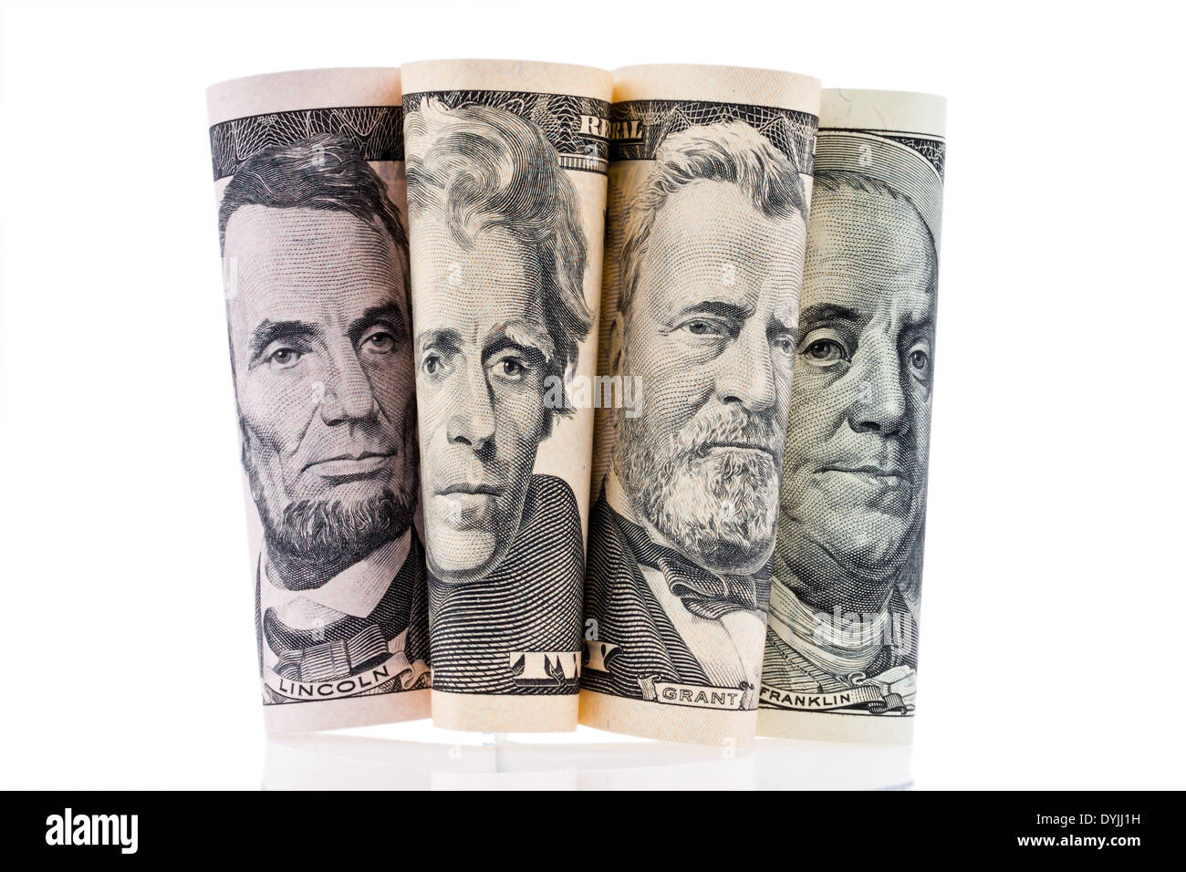 Porträts auf die Dollar-Scheine von US-Banknoten, Portraits Auf Den Dollar Geldscheinen der Amerikanischen Geldscheine Stockfoto