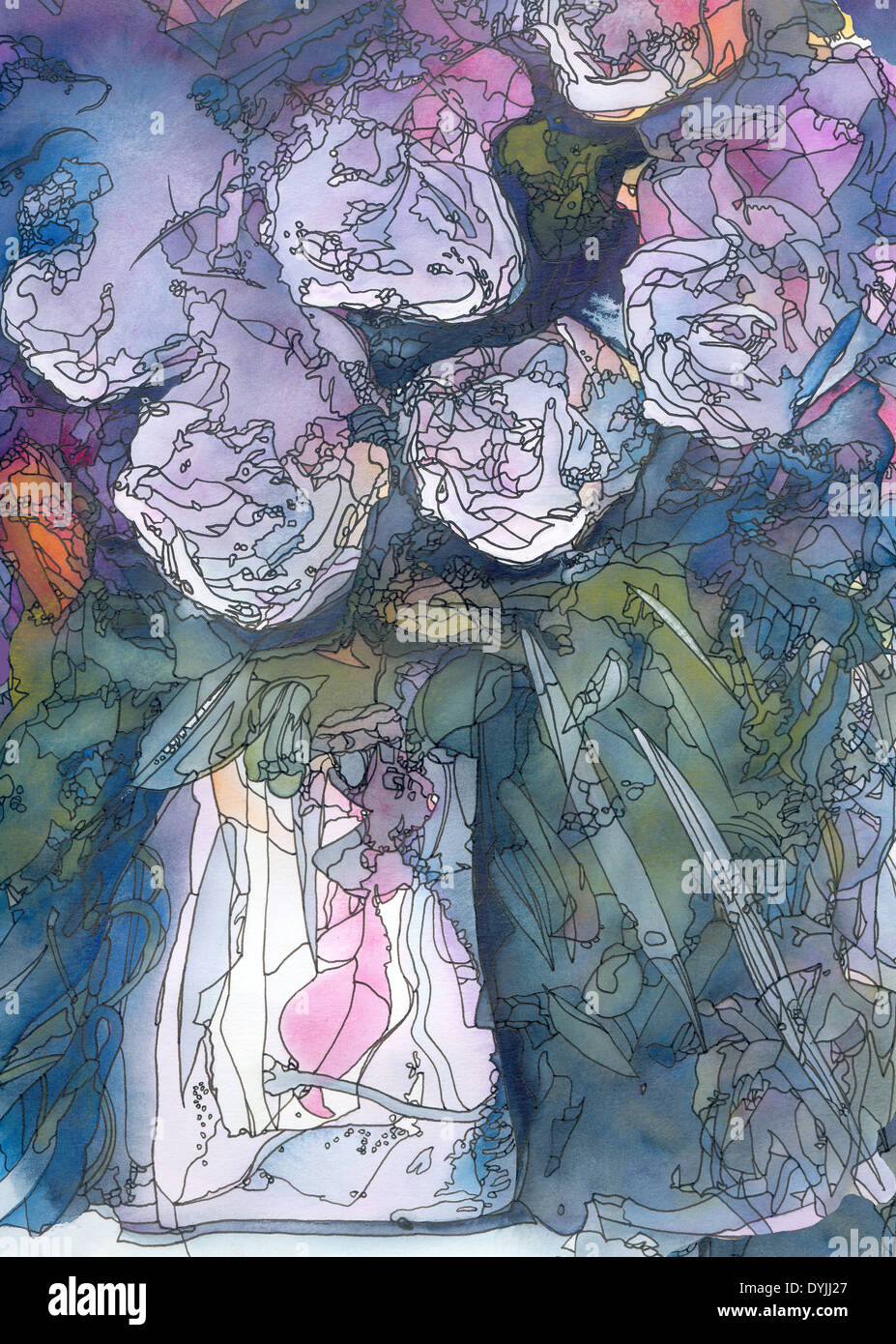 Weiße Rosen zu abstrahieren, Aquarell und Tusche malen Jugendstil Stockfoto