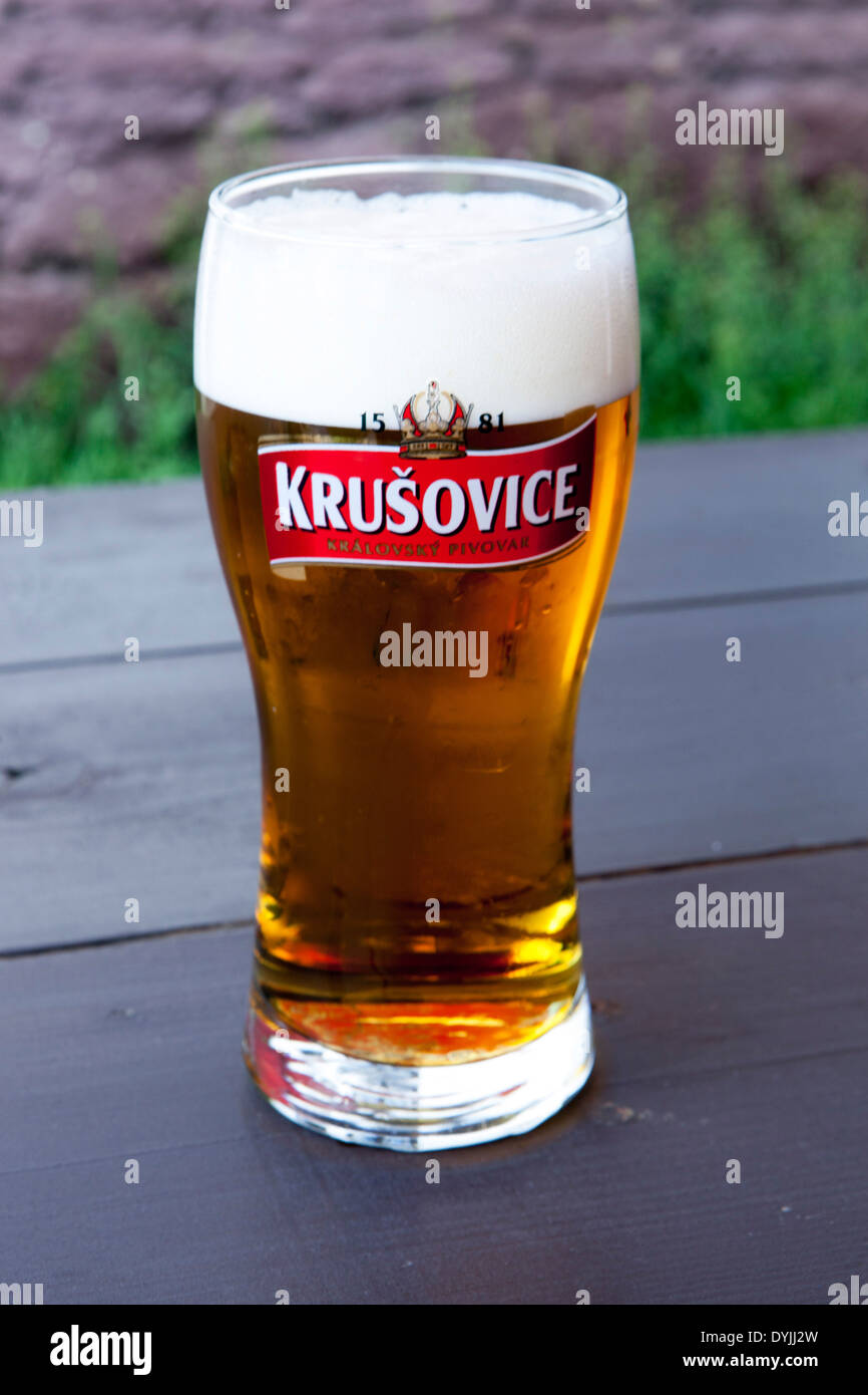 Ein frisch gezapftes Bier tschechisches Bier Glas, Krusovice Tschechische Republik Stockfoto