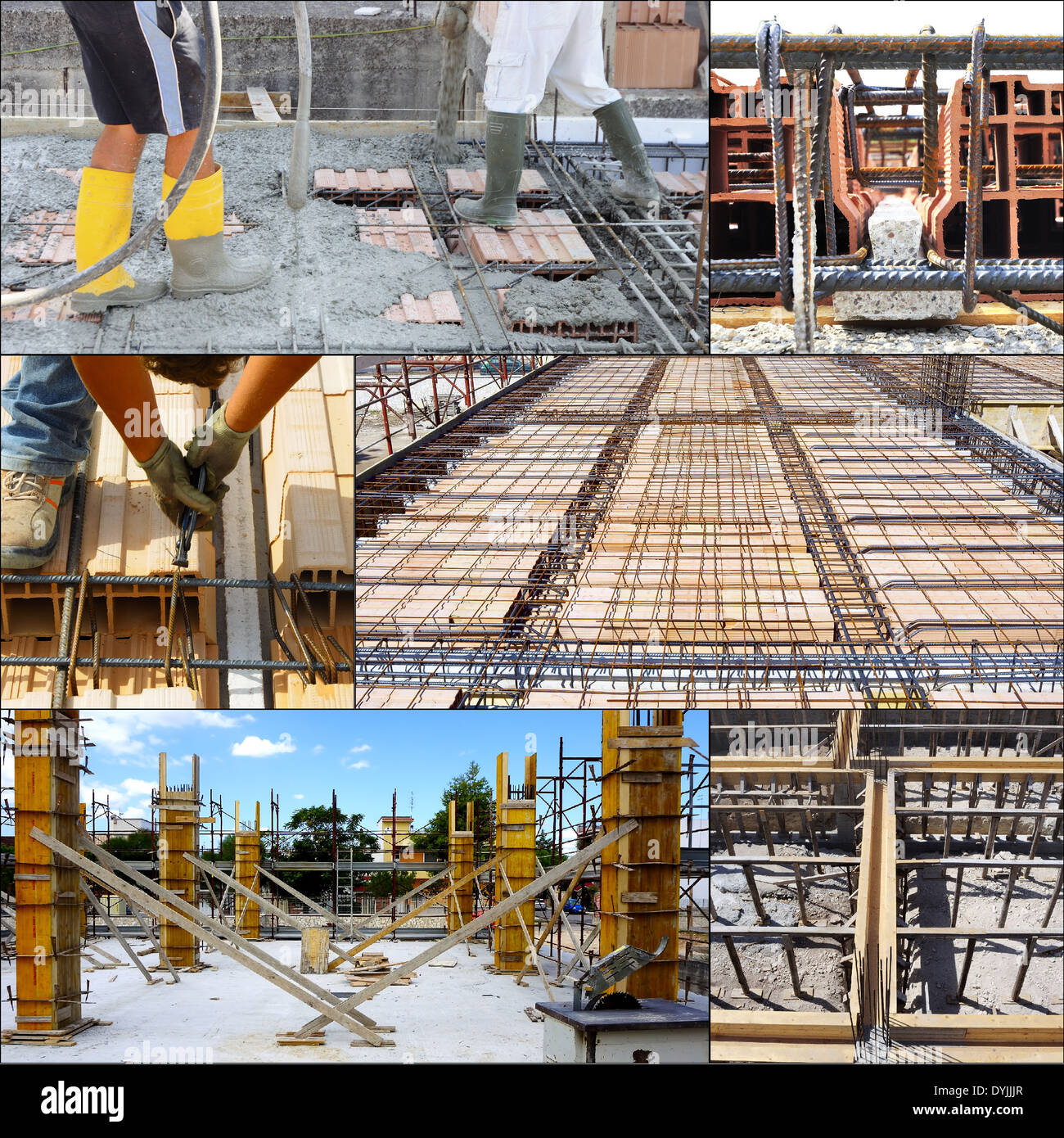Collage aus Gießen von Beton auf großen Fußbodenkonstruktion auf der Baustelle mit Motion blur Stockfoto