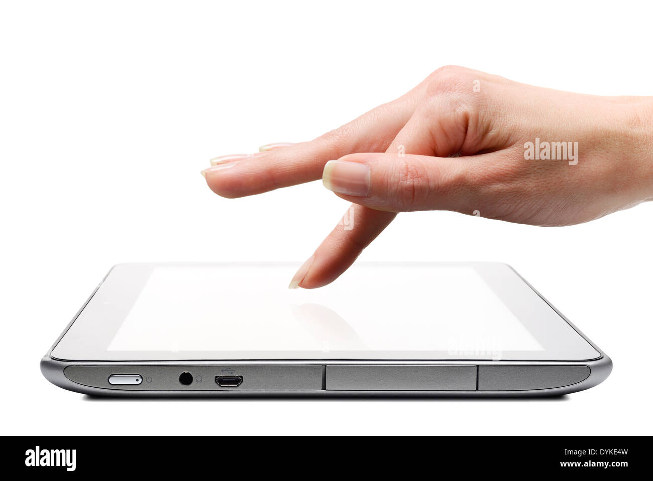 Tablet-App wird durch einen Finger auf dem Touchscreen ausgewählt, ausgeschnitten, Nahaufnahme. Stockfoto
