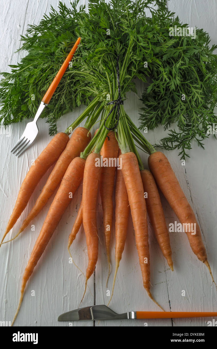 Ein paar Karotten auf einem weißen Tisch mit Messer und Gabel angezeigt. Eine beliebte Wurzel Gemüse voller Vitamin a. Stockfoto