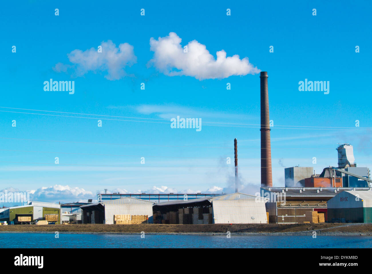 Holz verarbeitende Fabrik, Aittaluoto Bezirk, Kokemäenjoki Riverside, Pori, Finnland-Nordeuropa Stockfoto