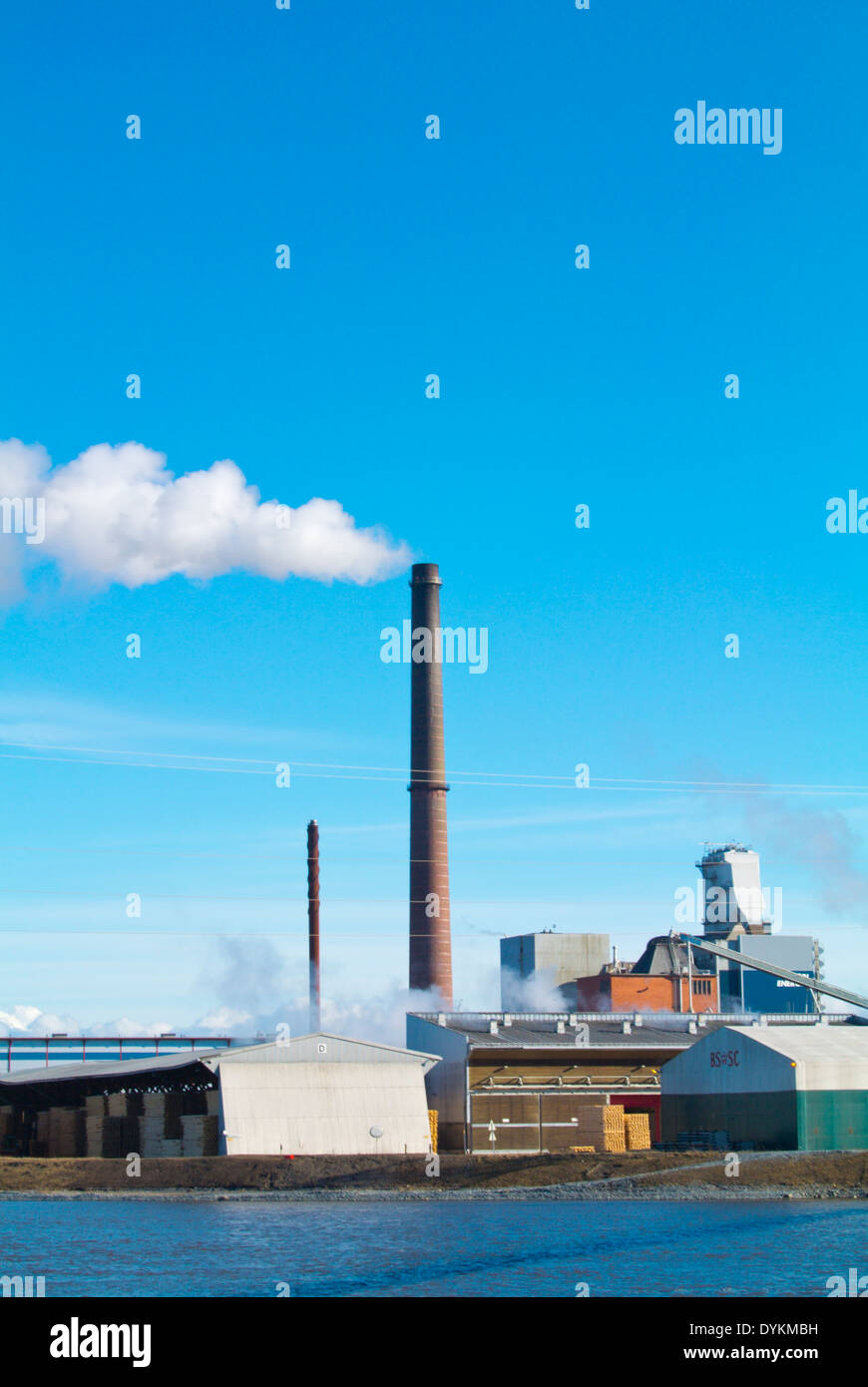 Holz verarbeitende Fabrik, Aittaluoto Bezirk, Kokemäenjoki Riverside, Pori, Finnland-Nordeuropa Stockfoto