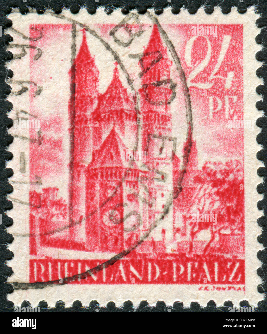 Briefmarke gedruckt in Deutschland (Rheinland-Pfalz, französische Besatzungszone), gezeigt Wormser Dom (Kathedrale von St. Peter) Stockfoto