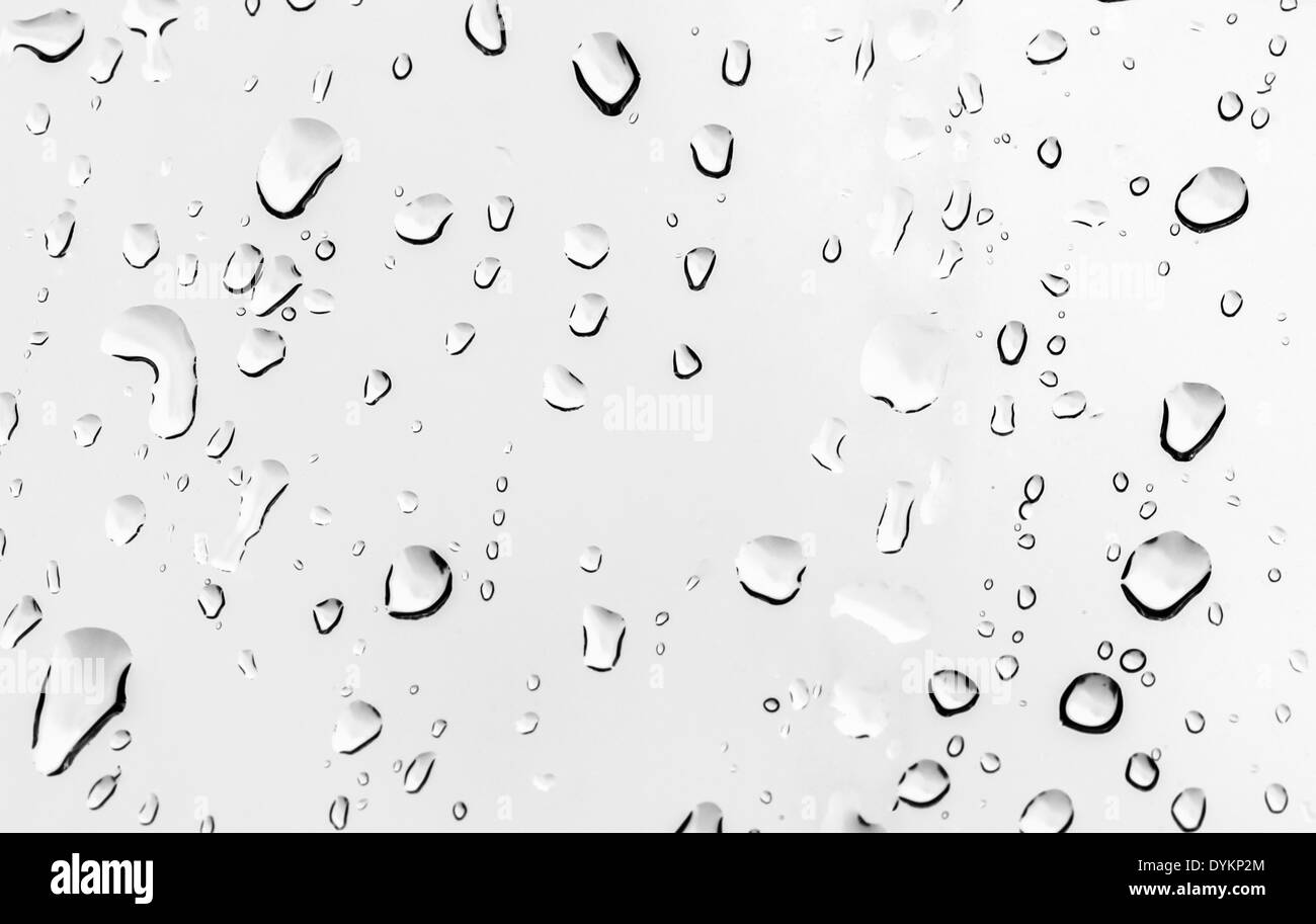 Tropfen Regen, Regen, Tropfen, Regentropfen oder Wassertropfen auf ein Fenster. Stockfoto