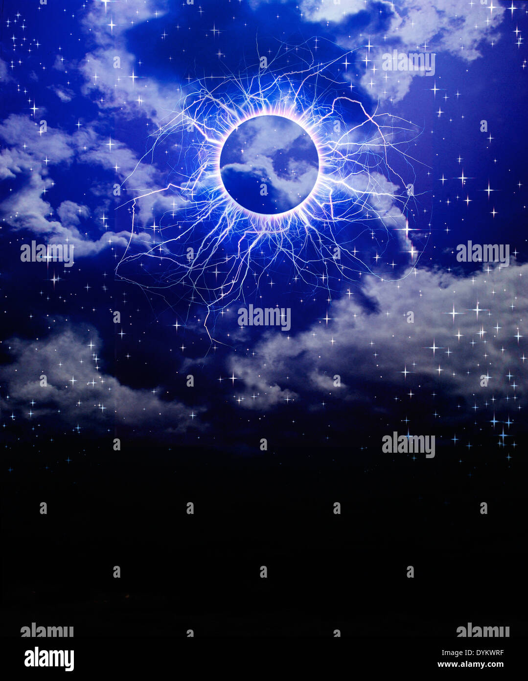 Foto-Illustration von Himmel, Sterne und Kirlian Energie. Stockfoto