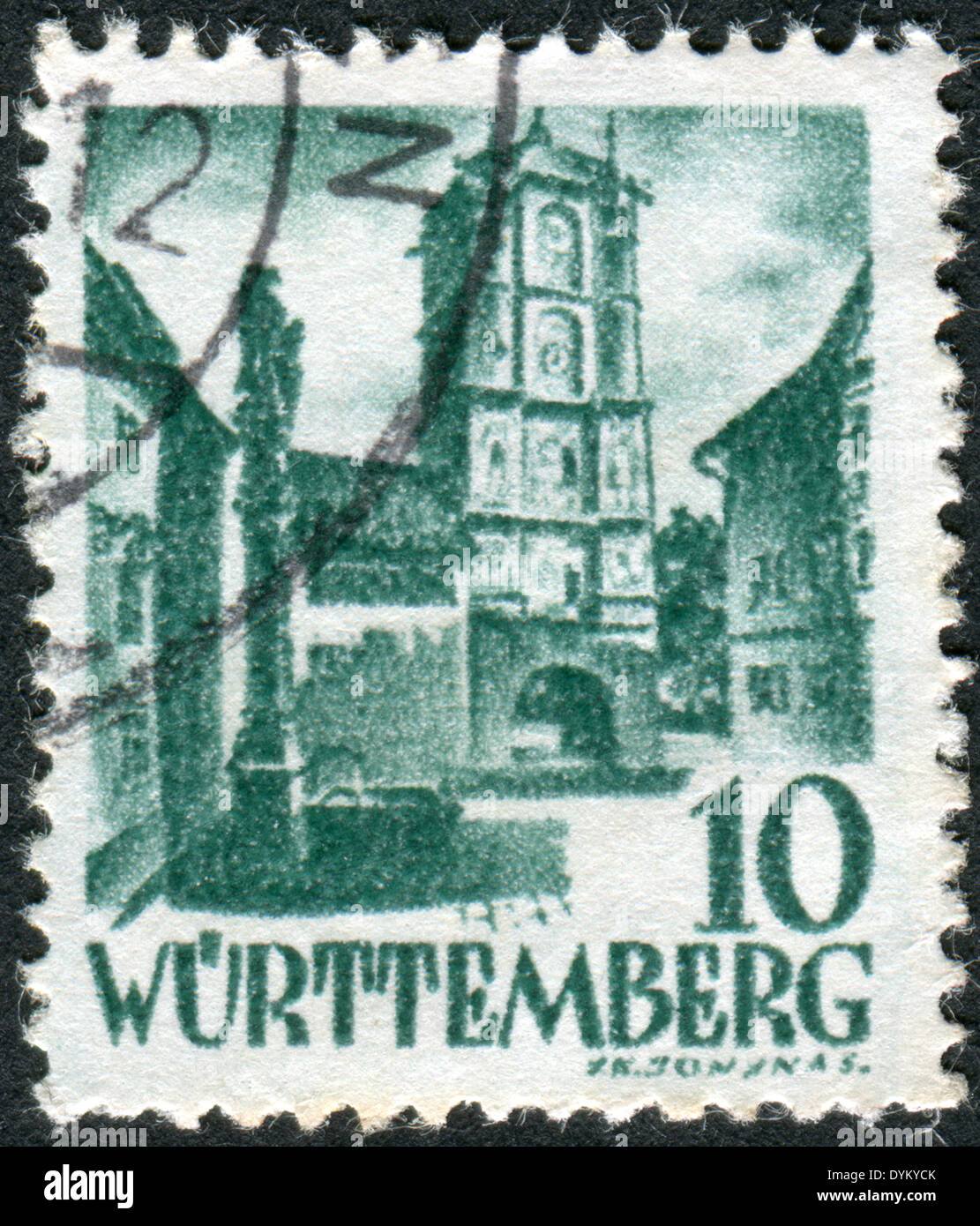 Gedruckt in Deutschland (Württemberg-Hohenzollern, französische Besatzungszone), Briefmarke zeigt Stadt Tor Wangen (Allgäu) Stockfoto