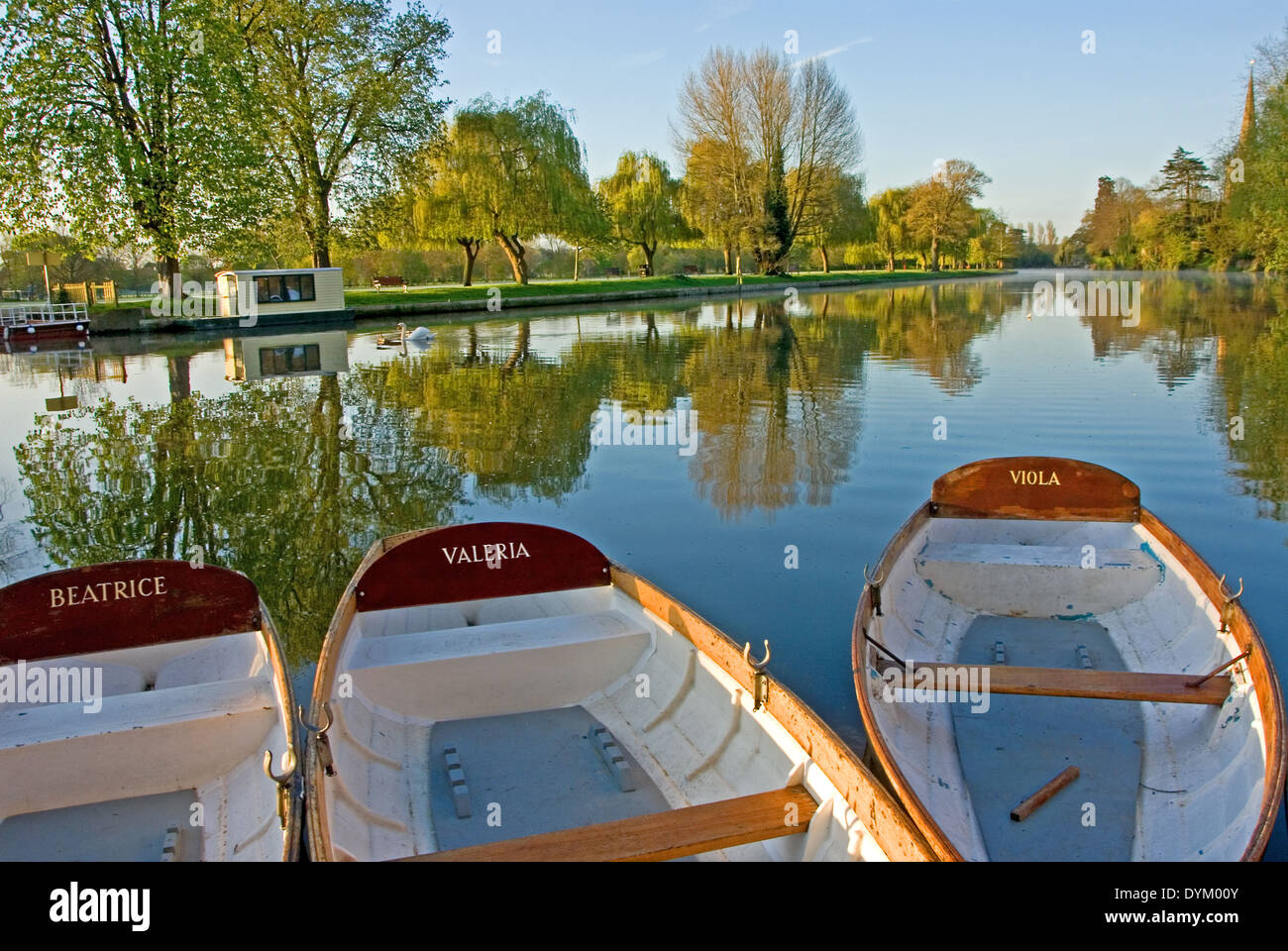 Weißer Tag mieten Ruderboote vertäut am Flussufer am Fluss Avon im Zentrum von Stratford-upon-Avon, Warwickshire. Stockfoto