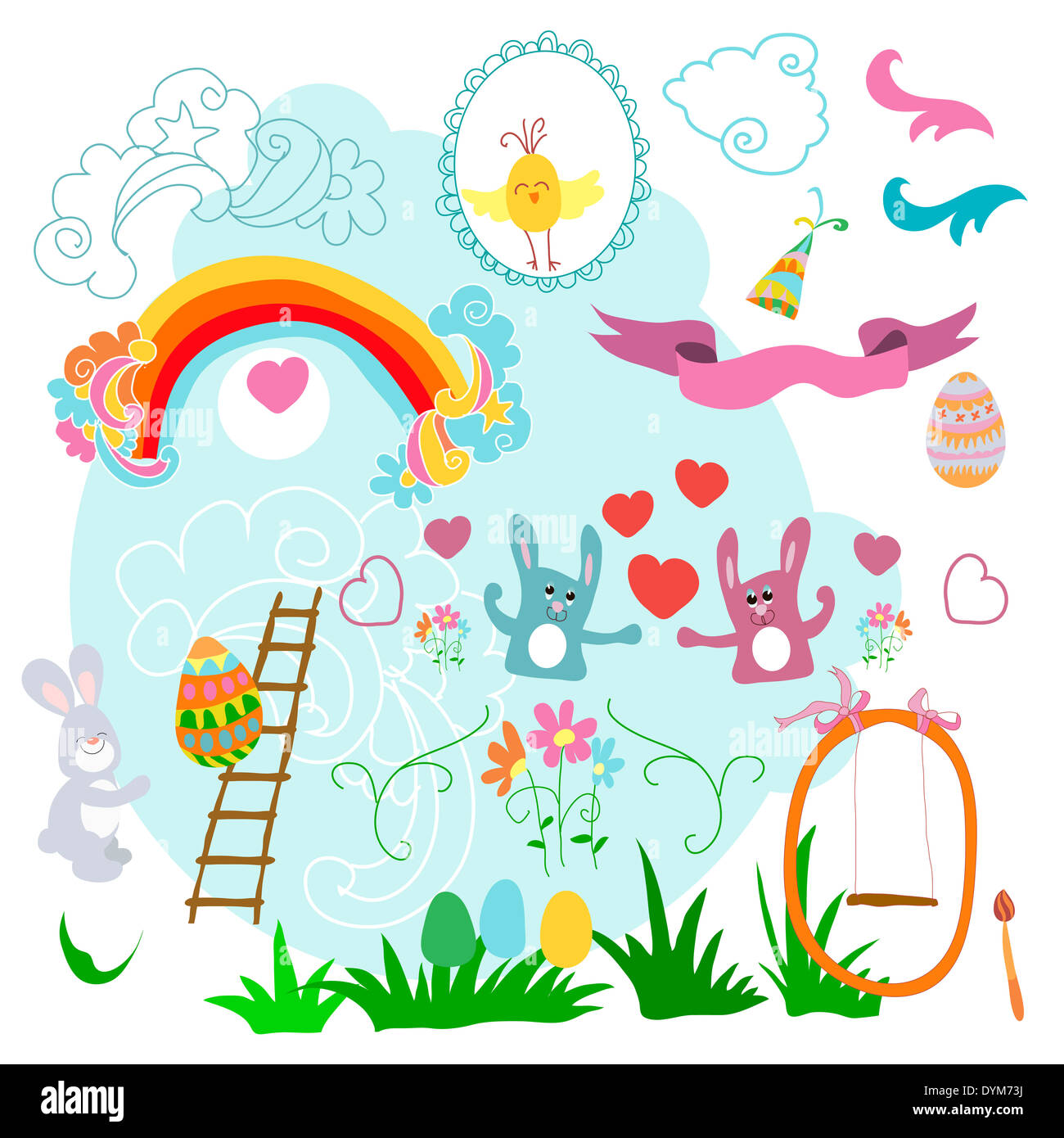 Sammlung von Zeichnungen Ostern auf weißem Hintergrund Stockfoto