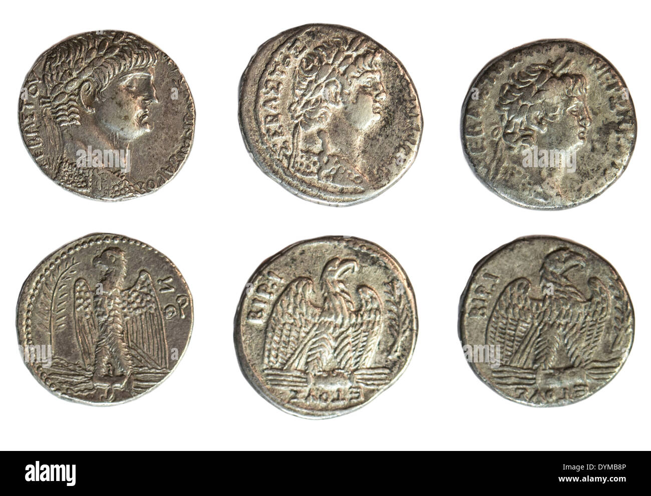 Nero 54-68 CE Silber Tetradrachme Münzen Kopf von Nero und Adler. Auf weißem Hintergrund Stockfoto