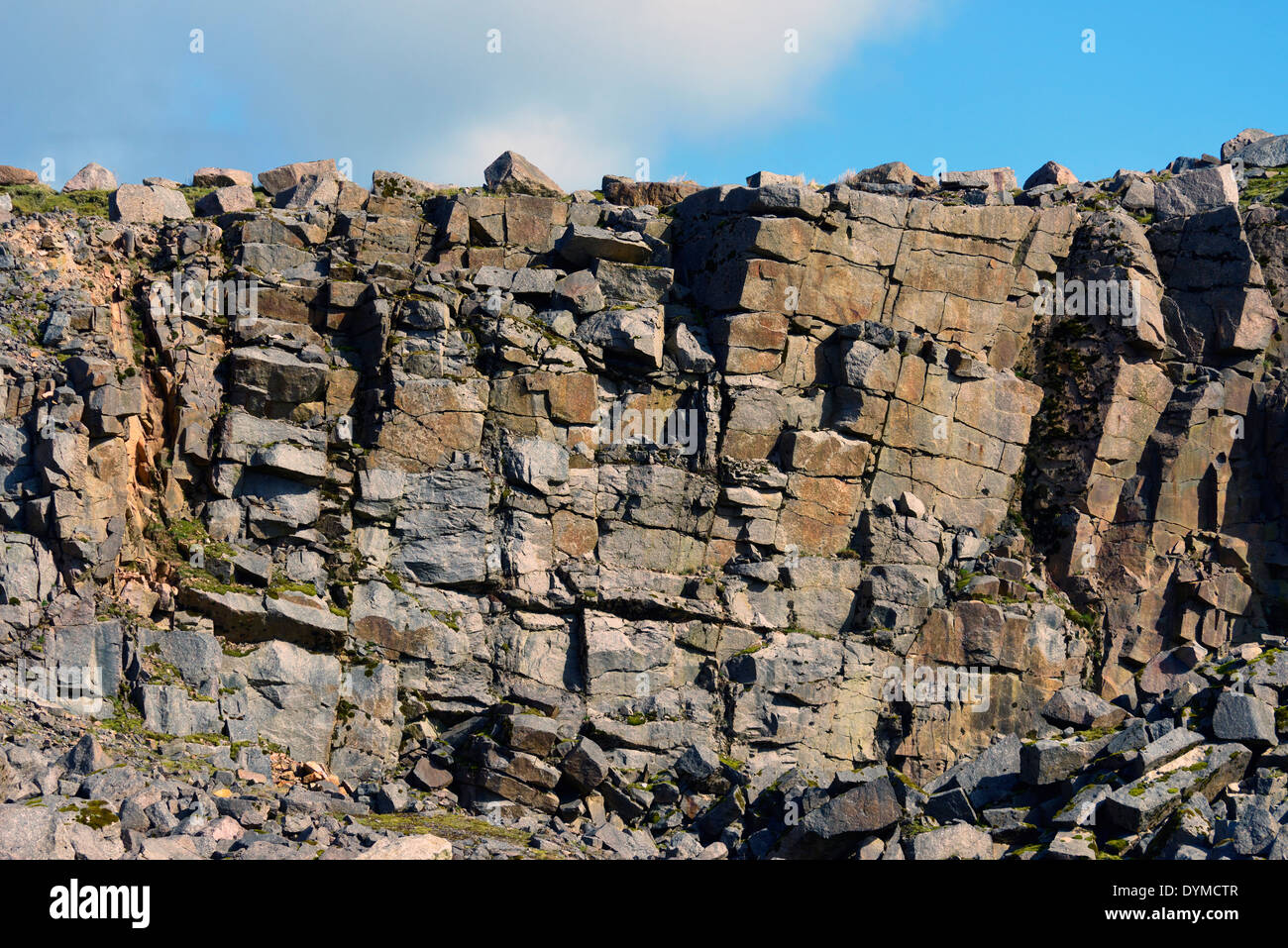 Felsen-Gesicht-Detail. Shap Pink Granite Quarry, Shap, Cumbria, England, Vereinigtes Königreich, Europa. Stockfoto