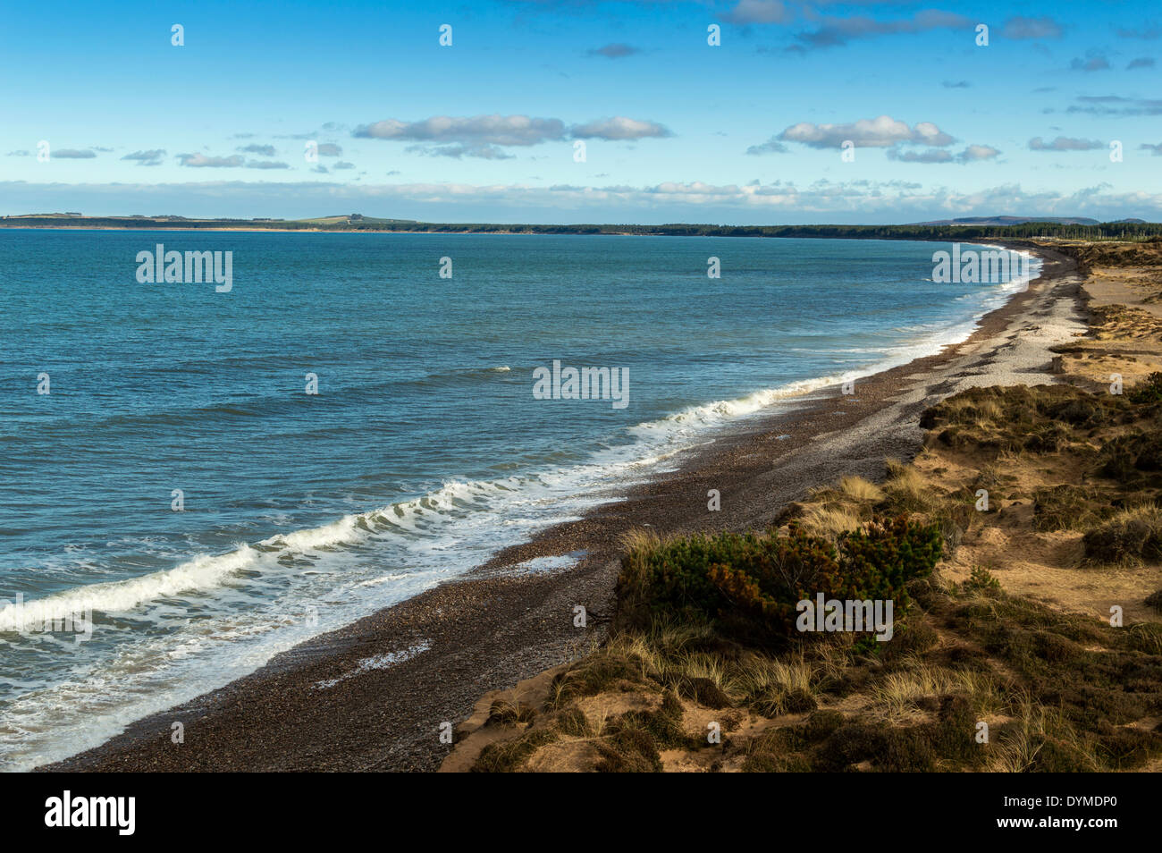 FINDHORN BAY TEIL DER MORAY KÜSTE FUß VON FINDHORN IN RICHTUNG BURGHEAD IN DER FERNE SUCHEN Stockfoto