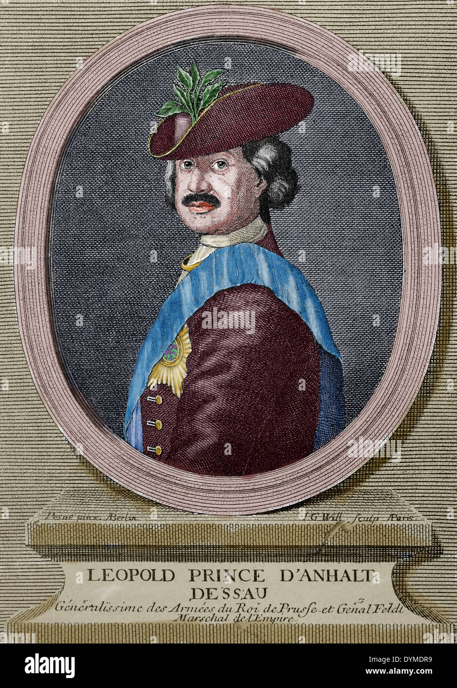 Leopold i., Fürst von Anhalt-Dessau (1676-1747). Deutschen Prinzen. Haus der Ascania. Porträt. Farbige Gravur. Stockfoto
