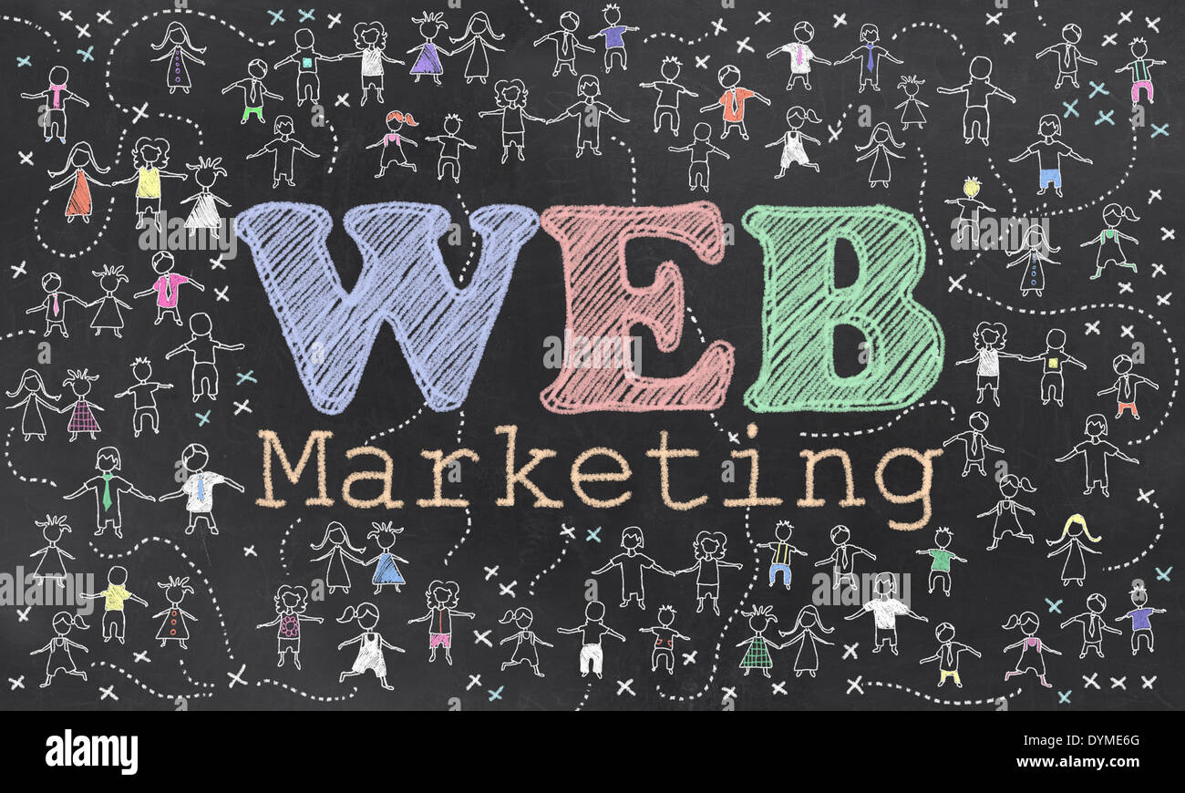 Geo-Targeting auf Tafel mit kleinen Menschen in Kreide Stockfoto