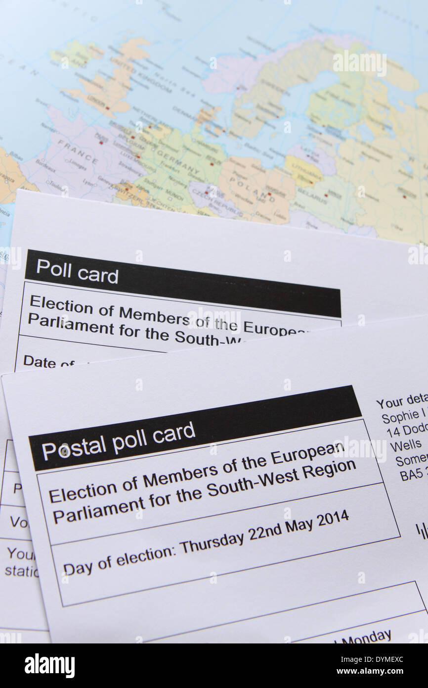22. April 2014. Umfrage-Karten und Post Card für 22. Mai 2014 bei den Wahlen zum Europäischen Parlament MdEP abstimmen Abstimmung wurden an private Haushalte in Großbritannien heute geliefert. Stockfoto