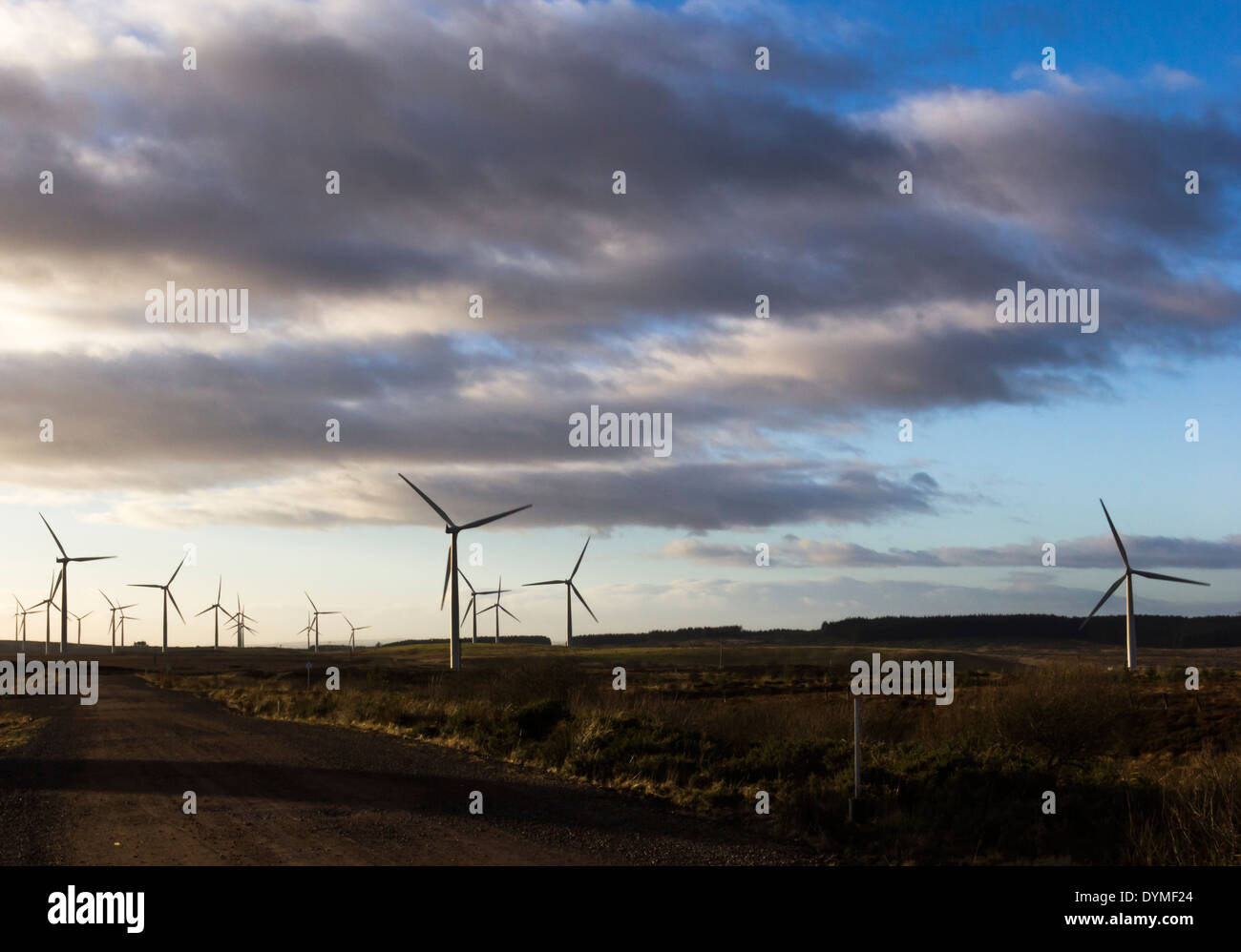 Blick über Windkraftanlagen an einem sehr windigen Wintertag für späten mit schnelllebigen niedrige Wolken Stockfoto