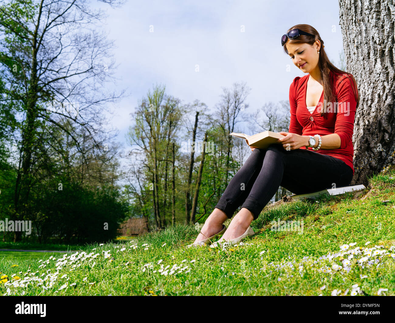 Foto von einer schönen jungen Frau, die einem Buch sitzen gegen einen Baum im zeitigen Frühjahr. Stockfoto