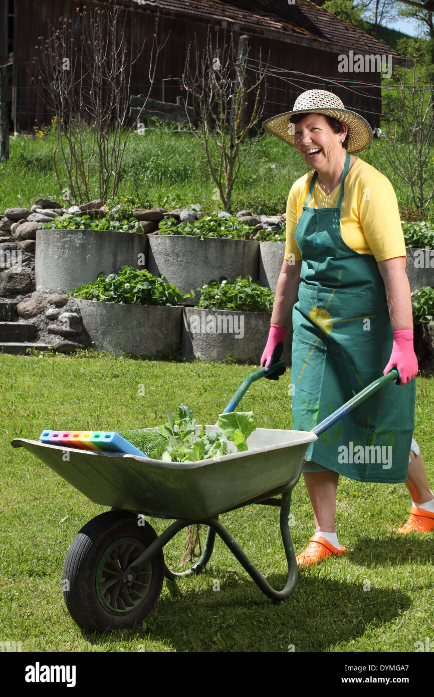 Foto einer pensionierten Frau in ihrem 60 ist ihre neue Pflanzen in ihrem Garten mit einer Schubkarre bewegen. Stockfoto